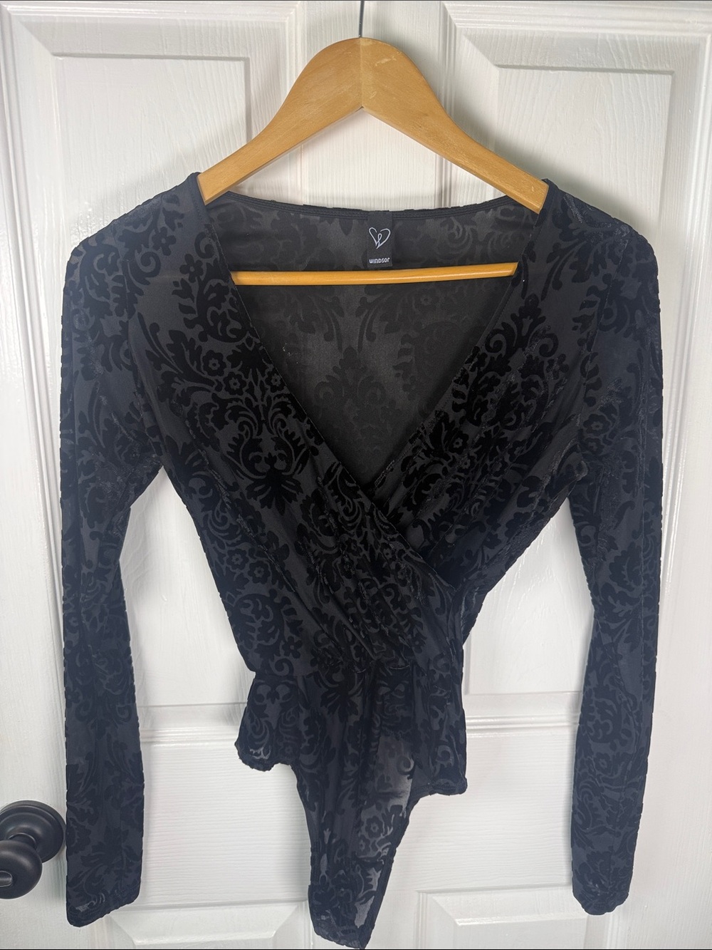 Velvet Windsor Bodysuit Top in Black